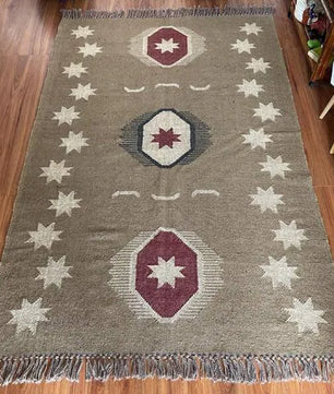 Handmade Southwestern Wool Jute Kilim Area Rug with Tassels | Tribal Boho Flatweave Rug in Natural Taupe for Living Room & Bedroom
