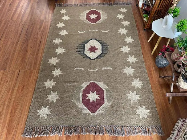 Handmade Southwestern Wool Jute Kilim Area Rug with Tassels | Tribal Boho Flatweave Rug in Natural Taupe for Living Room & Bedroom
