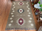 Handmade Southwestern Wool Jute Kilim Area Rug with Tassels | Tribal Boho Flatweave Rug in Natural Taupe for Living Room & Bedroom