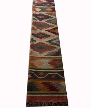 Handmade Wool Jute Kilim Rug – Multicolor Geometric Indian Dhurrie Area Rug