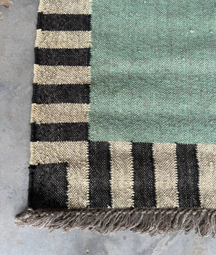Handwoven Sage Green Cotton Jute Kilim Rug | Modern Minimalist Flatweave Area Rug with Striped Border for Living Room Bedroom
