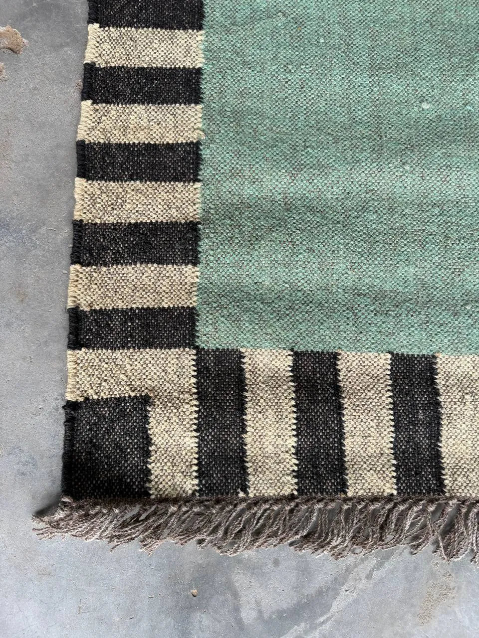 Handwoven Sage Green Cotton Jute Kilim Rug | Modern Minimalist Flatweave Area Rug with Striped Border for Living Room Bedroom