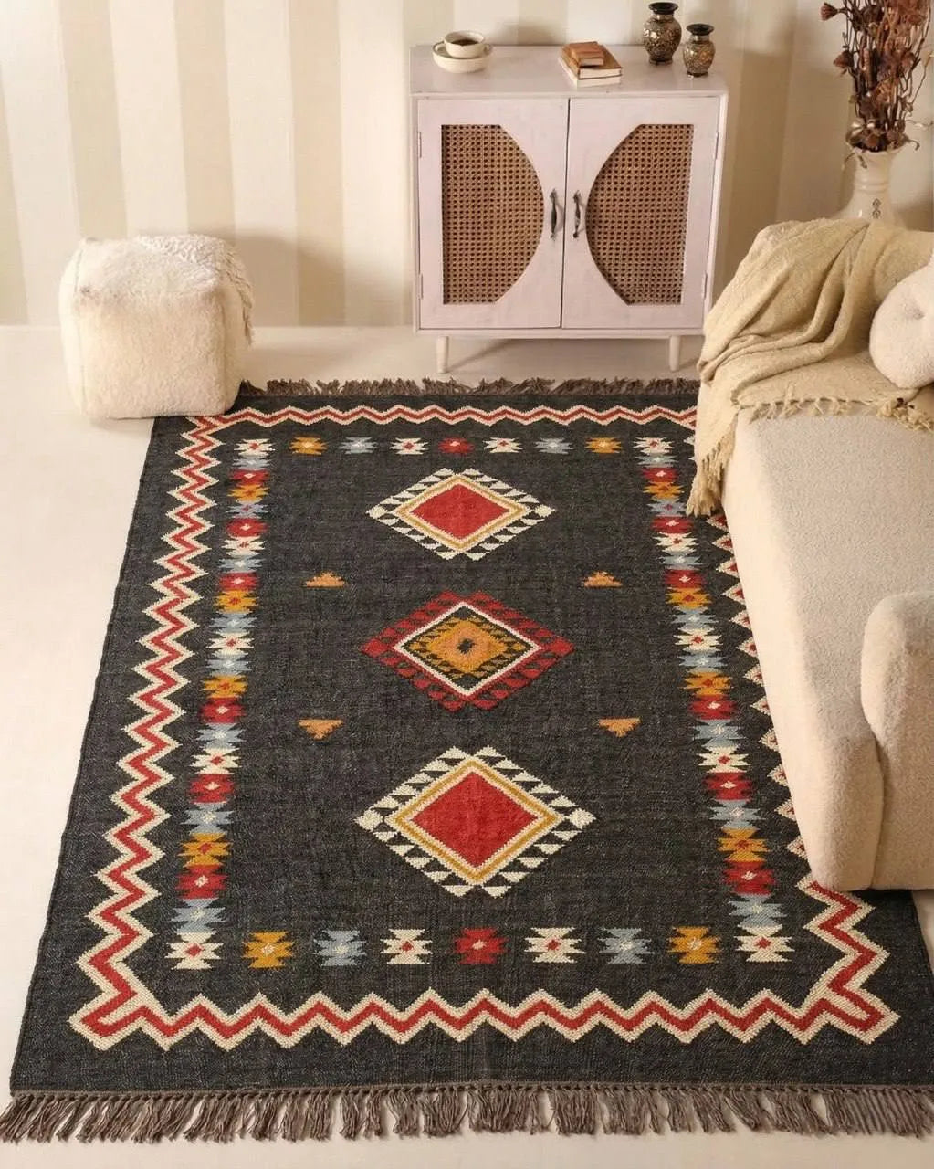 Handmade Southwestern Wool Jute Kilim Area Rug with Tassels | Black Tribal Boho Flatweave Rug for Living Room & Bedroom