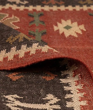 Handwoven Tribal Wool Jute Kilim Area Rug – Rust Red Southwestern Flatweave Dhurrie Carpet with Geometric Border