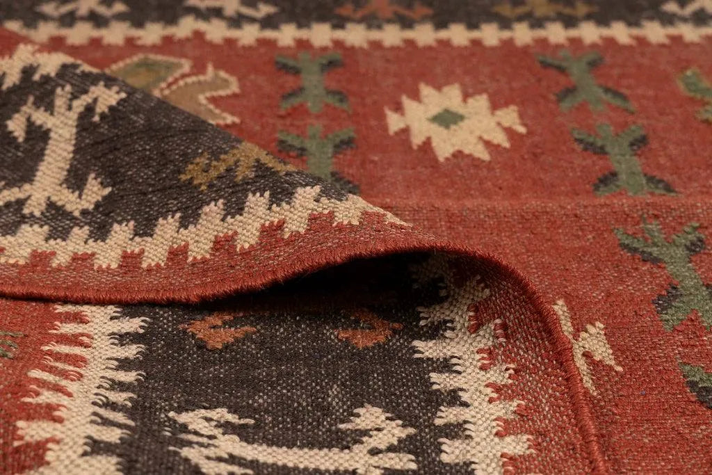 Handwoven Tribal Wool Jute Kilim Area Rug – Rust Red Southwestern Flatweave Dhurrie Carpet with Geometric Border
