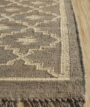 Handmade Wool Jute Area Rug – Taupe Gray Geometric Kilim Flatweave Rug with Fringe, Neutral Tribal Rug for Living Room & Bedroom