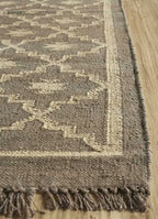 Handmade Wool Jute Area Rug – Taupe Gray Geometric Kilim Flatweave Rug with Fringe, Neutral Tribal Rug for Living Room & Bedroom