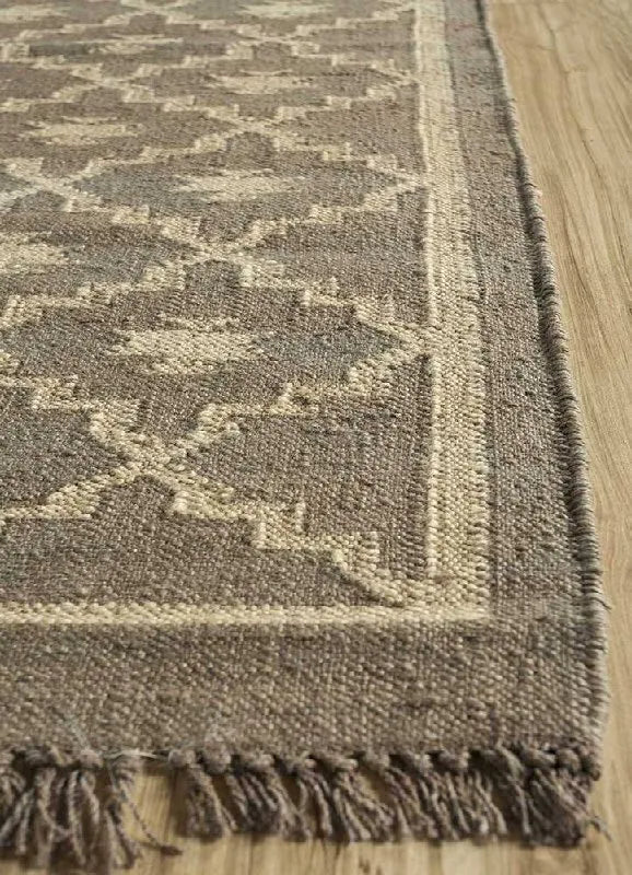 Handmade Wool Jute Area Rug – Taupe Gray Geometric Kilim Flatweave Rug with Fringe, Neutral Tribal Rug for Living Room & Bedroom