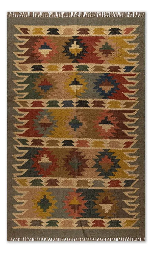 Handwoven Southwestern Wool Jute Kilim Area Rug – Tribal Geometric Flatweave Dhurrie Carpet for Living Room, Bedroom & Entryway