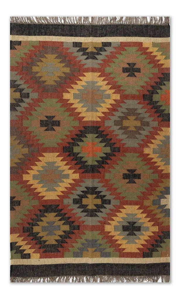 Handwoven Southwestern Wool Jute Kilim Area Rug – Tribal Diamond Flatweave Dhurrie Carpet for Living Room, Bedroom & Entryway
