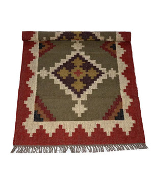 Handmade Wool Jute Kilim Rug – Tribal Geometric Indian Dhurrie Flatweave Area Rug