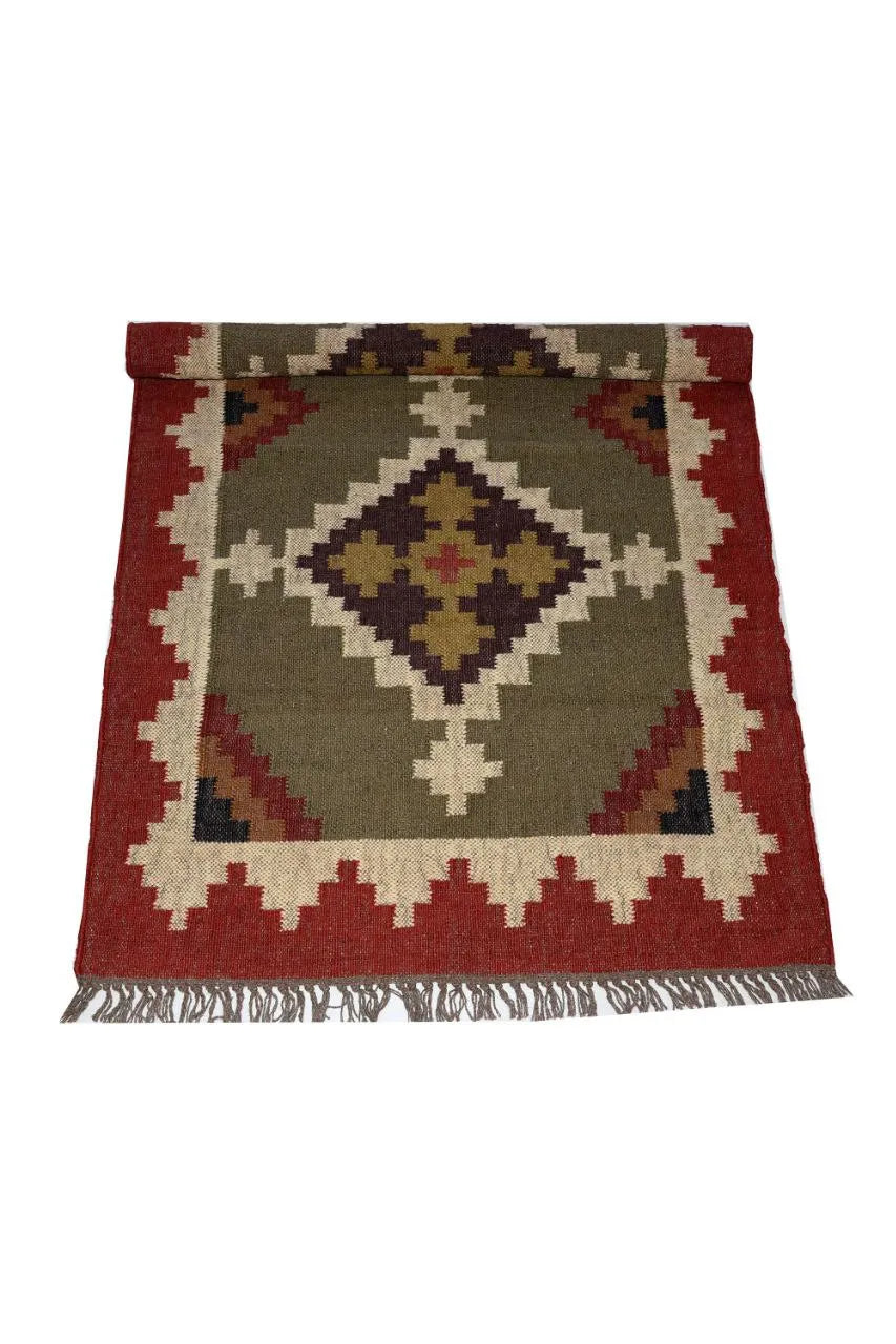 Handmade Wool Jute Kilim Rug – Tribal Geometric Indian Dhurrie Flatweave Area Rug