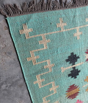 Handwoven Wool Jute Kilim Rug, Teal Tribal Area Rug, Handmade Flatweave Dhurrie Carpet, Boho Geometric Living Room Rug with Fringe