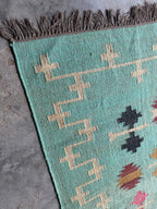 Handwoven Wool Jute Kilim Rug, Teal Tribal Area Rug, Handmade Flatweave Dhurrie Carpet, Boho Geometric Living Room Rug with Fringe
