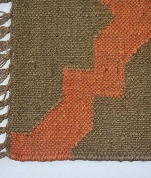 Handmade Wool Jute Area Rug – Olive Green & Rust Geometric Kilim Flatweave Rug with Fringe, Rustic Boho Home Decor