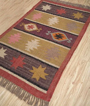 Boho Tribal Area Rug – Handwoven Geometric Flatweave Rug in Terracotta, Mustard & Plum with Fringe