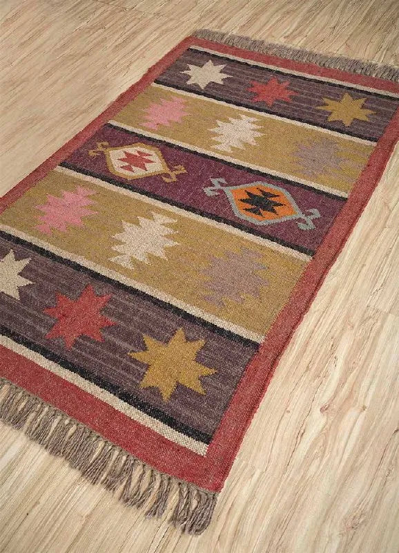 Boho Tribal Area Rug – Handwoven Geometric Flatweave Rug in Terracotta, Mustard & Plum with Fringe