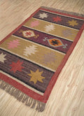 Boho Tribal Area Rug – Handwoven Geometric Flatweave Rug in Terracotta, Mustard & Plum with Fringe