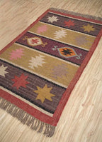 Boho Tribal Area Rug – Handwoven Geometric Flatweave Rug in Terracotta, Mustard & Plum with Fringe