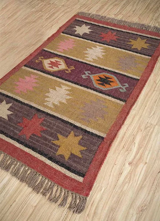 Boho Tribal Area Rug – Handwoven Geometric Flatweave Rug in Terracotta, Mustard & Plum with Fringe