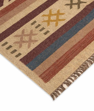 Southwestern Striped Area Rug – Handwoven Jute Wool Boho Tribal Geometric Flatweave Rug in Terracotta & Beige