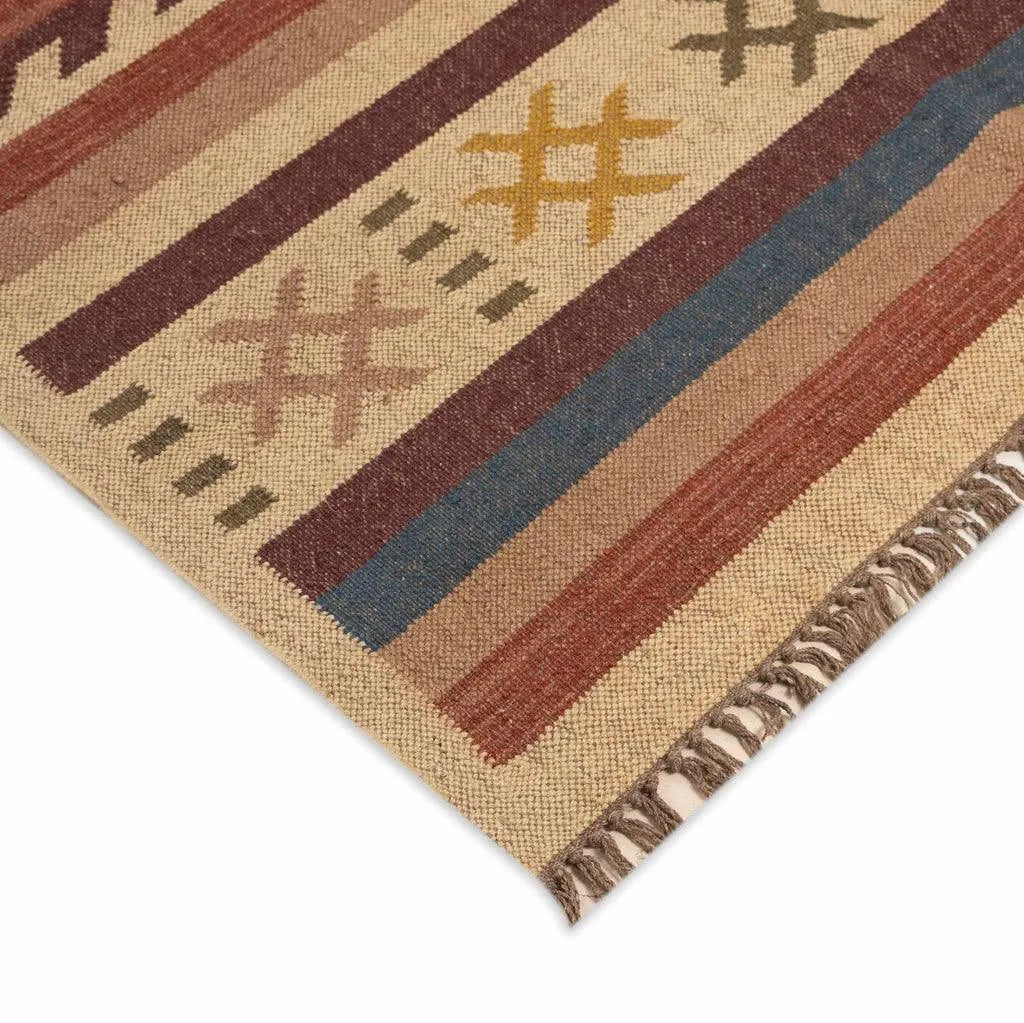 Southwestern Striped Area Rug – Handwoven Jute Wool Boho Tribal Geometric Flatweave Rug in Terracotta & Beige