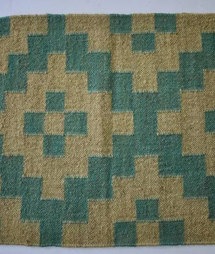 Southwestern Geometric Area Rug – Handwoven Teal Beige Wool Jute Flatweave Rug with Fringed Edges