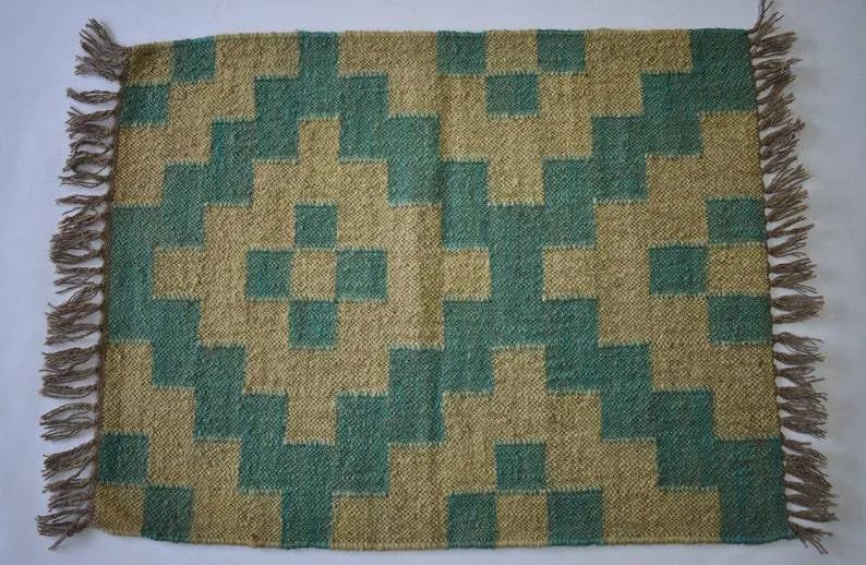 Southwestern Geometric Area Rug – Handwoven Teal Beige Wool Jute Flatweave Rug with Fringed Edges