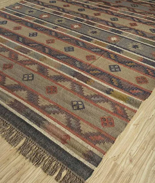 Handmade Striped Wool Jute Area Rug – Tribal Kilim Flatweave Rug with Fringe, Rustic Beige & Rust Geometric Decor