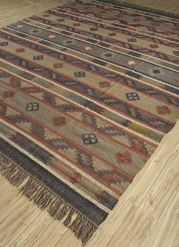 Handmade Striped Wool Jute Area Rug – Tribal Kilim Flatweave Rug with Fringe, Rustic Beige & Rust Geometric Decor