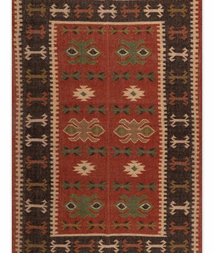 Handwoven Tribal Wool Jute Kilim Area Rug – Rust Red Southwestern Flatweave Dhurrie Carpet with Geometric Border