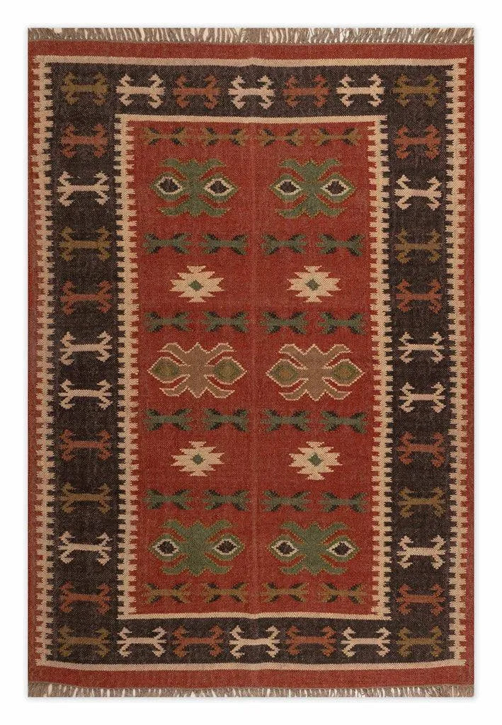 Handwoven Tribal Wool Jute Kilim Area Rug – Rust Red Southwestern Flatweave Dhurrie Carpet with Geometric Border