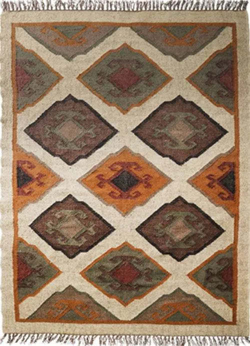 Handwoven Wool Jute Kilim Area Rug – Cream Geometric Southwestern Tribal Flatweave Rug with Fringe
