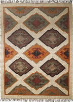 Handwoven Wool Jute Kilim Area Rug – Cream Geometric Southwestern Tribal Flatweave Rug with Fringe