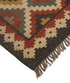 Heritage Diamond Wool Jute Kilim Area Rug – Handwoven Charcoal Terracotta Geometric Reversible Flatweave Dhurrie