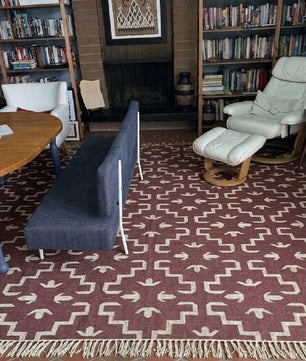 Handmade Burgundy Tribal Wool Jute Kilim Area Rug with Tassels | Geometric Flatweave Rug for Living Room & Bedroom