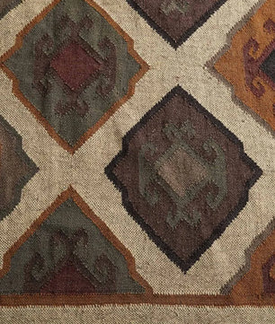 Handwoven Wool Jute Kilim Area Rug – Cream Geometric Southwestern Tribal Flatweave Rug with Fringe