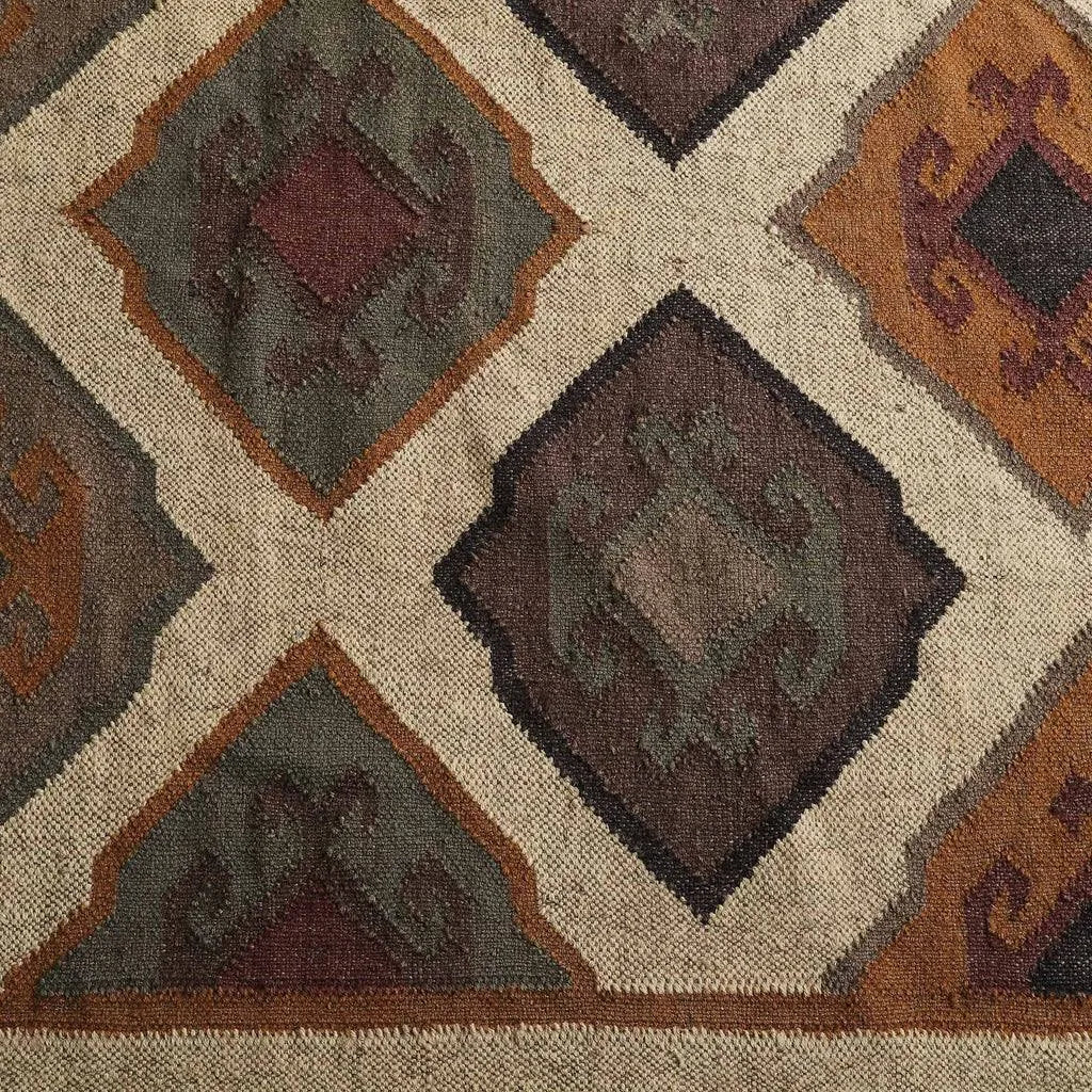 Handwoven Wool Jute Kilim Area Rug – Cream Geometric Southwestern Tribal Flatweave Rug with Fringe