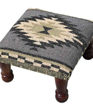 Handmade Charcoal Kilim Footstool – Geometric Upholstered Ottoman with Wooden Legs