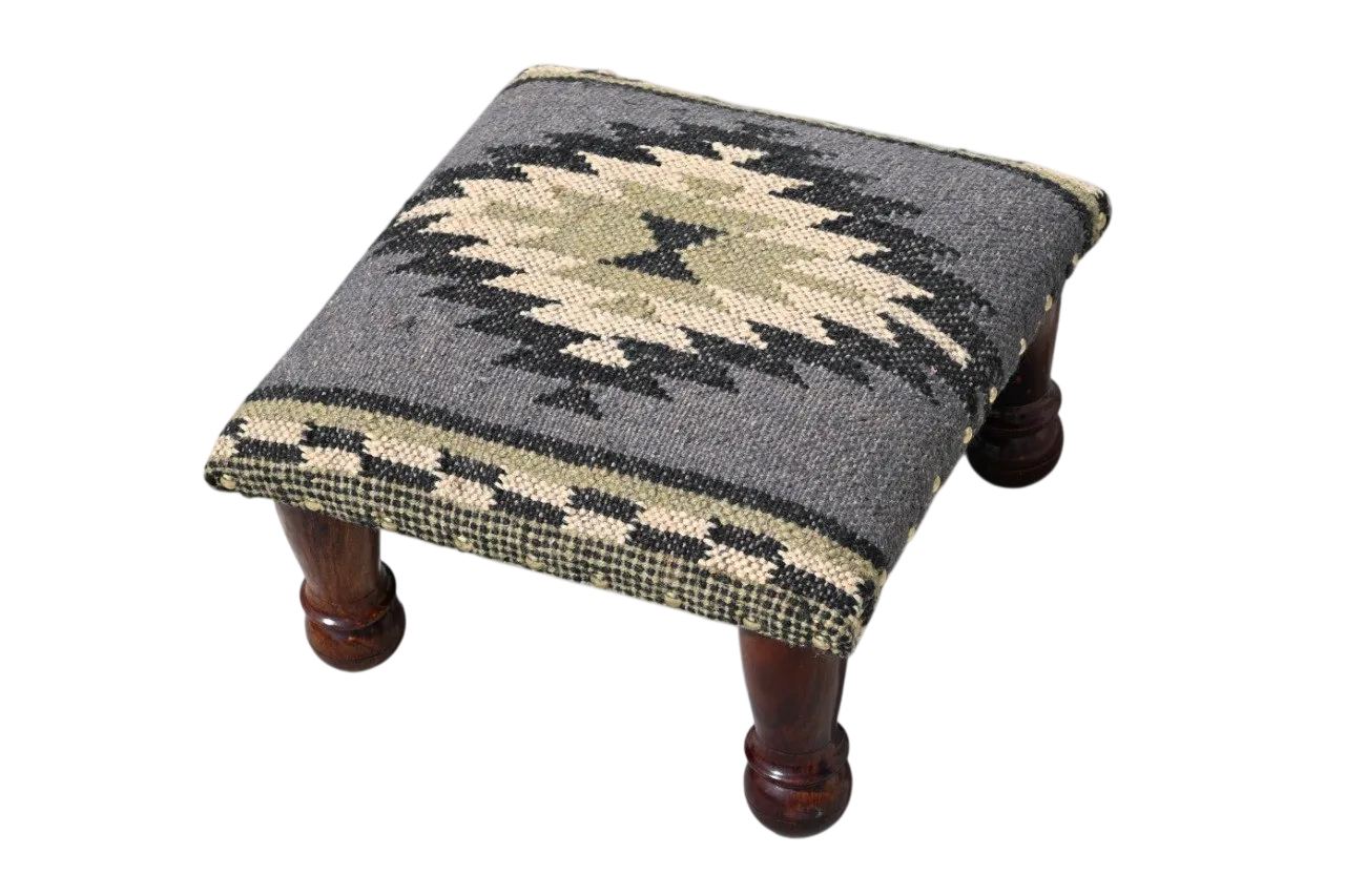 Handmade Charcoal Kilim Footstool – Geometric Upholstered Ottoman with Wooden Legs