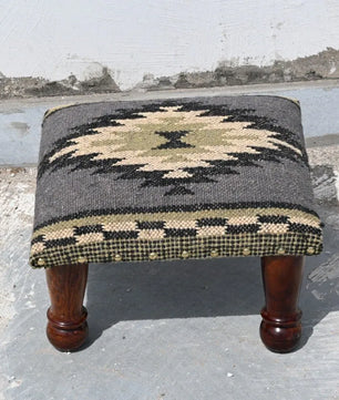 Handmade Charcoal Kilim Footstool – Geometric Upholstered Ottoman with Wooden Legs