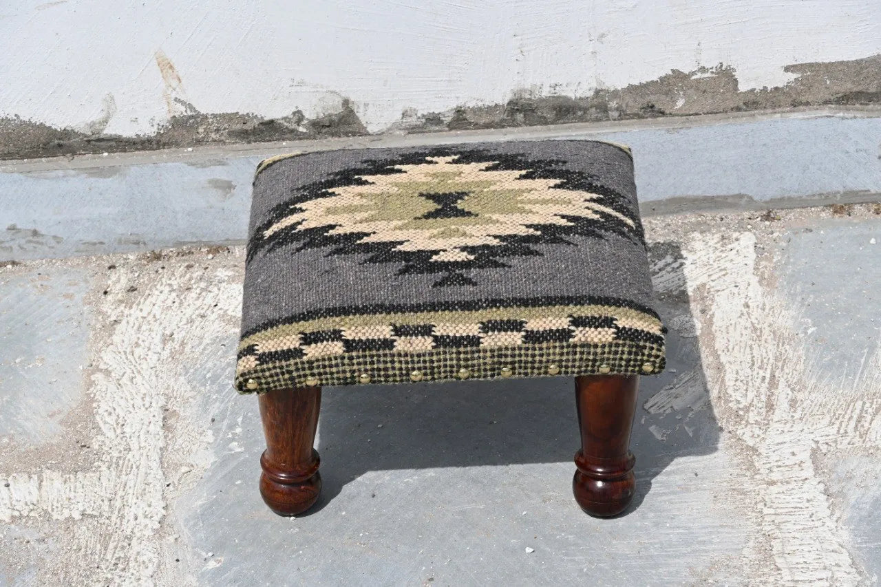 Handmade Charcoal Kilim Footstool – Geometric Upholstered Ottoman with Wooden Legs