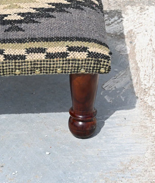 Handmade Charcoal Kilim Footstool – Geometric Upholstered Ottoman with Wooden Legs
