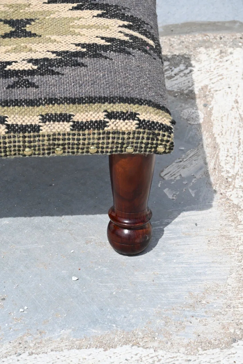Handmade Charcoal Kilim Footstool – Geometric Upholstered Ottoman with Wooden Legs