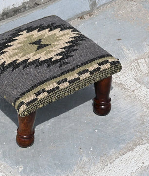 Handmade Charcoal Kilim Footstool – Geometric Upholstered Ottoman with Wooden Legs