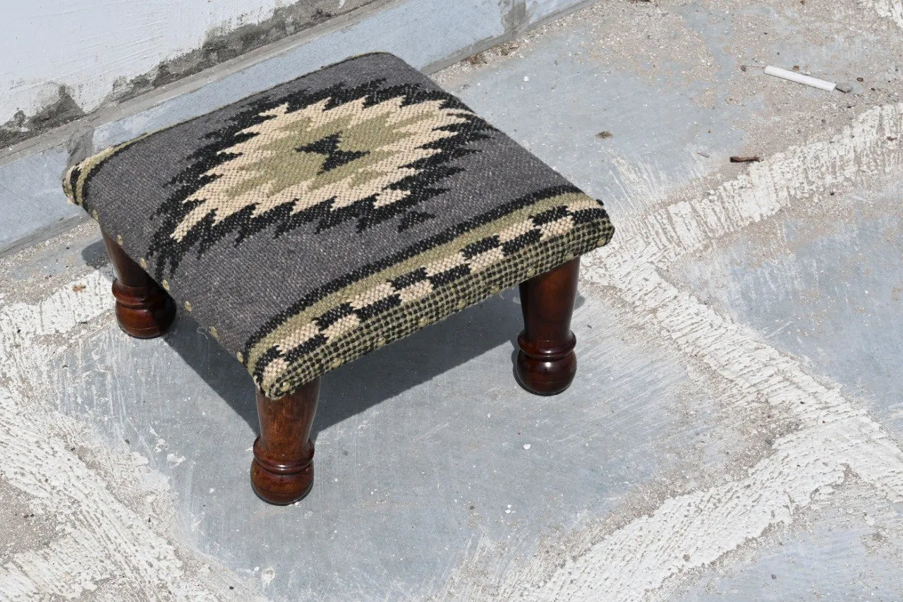 Handmade Charcoal Kilim Footstool – Geometric Upholstered Ottoman with Wooden Legs