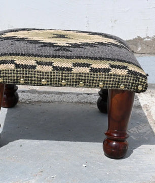 Handmade Charcoal Kilim Footstool – Geometric Upholstered Ottoman with Wooden Legs