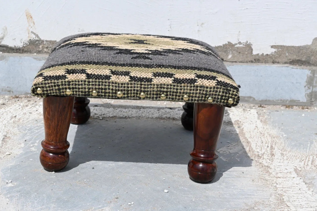 Handmade Charcoal Kilim Footstool – Geometric Upholstered Ottoman with Wooden Legs