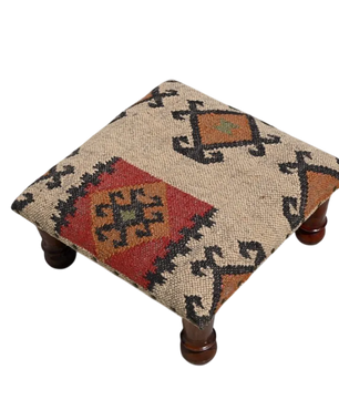 Handmade Geometric Kilim Footstool – Beige Upholstered Ottoman with Turned Wooden Legs