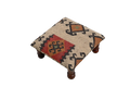 Handgemaakte Geometriese Kilim Voetbank – Beige Gestoffeerde Ottoman met Gedraaide Houtpote
